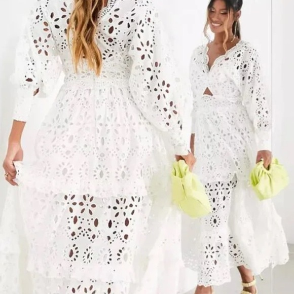 ASOS Dresses & Skirts - ASOS EDITION V - Neck Eyelet Midi Dress with puff sleeve in White Size 4 NWT